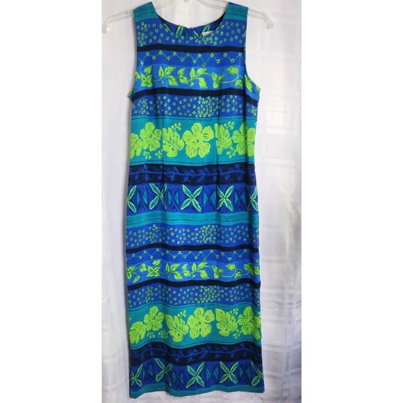 Kathie Lee Maxi Dress Womens 6 Blue Green Floral Hawaiian Tropical Sleeveless - Picture 1 of 6